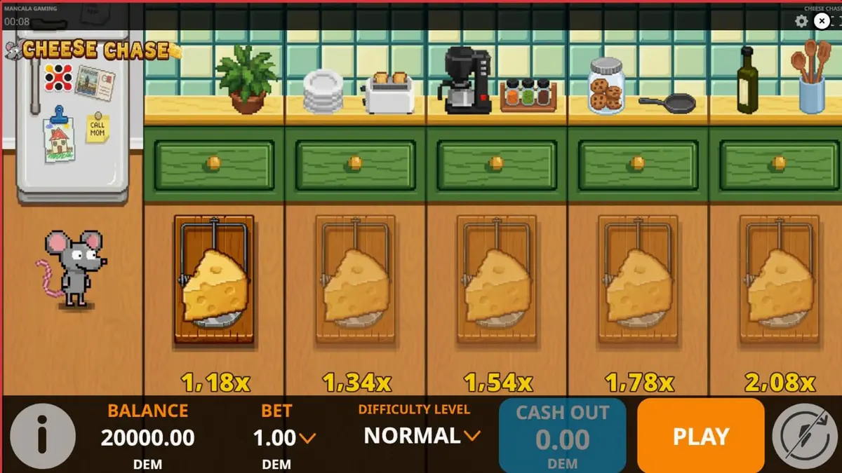 Interface de jogo do slot Cheese Chase com temática de cozinha